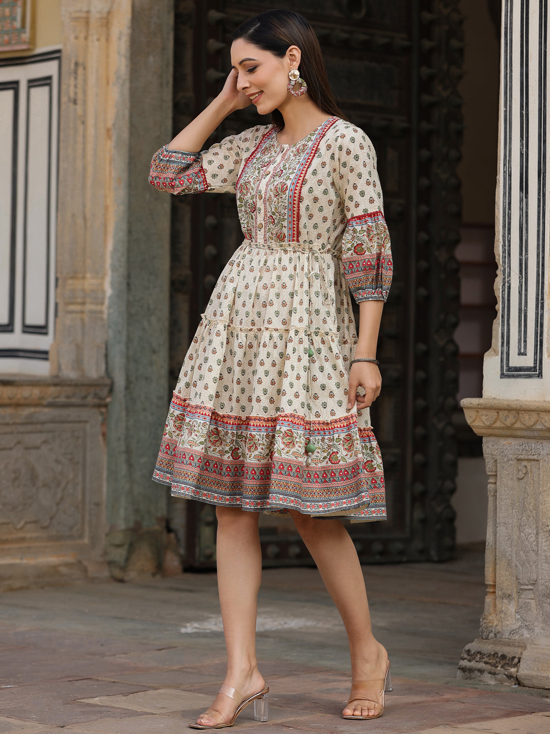 Beige Cambric Printed Flared Dress