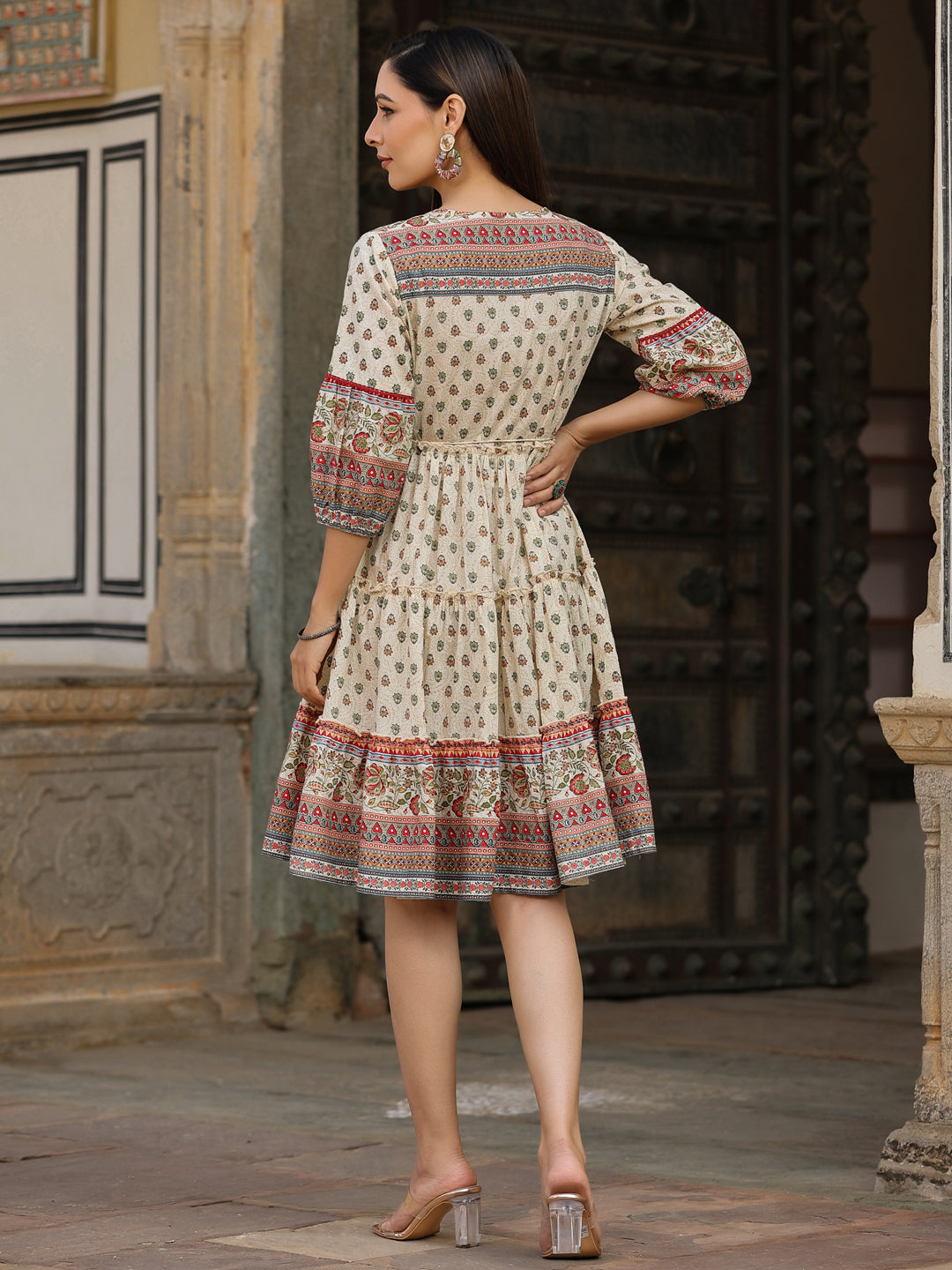 Beige Cambric Printed Flared Dress