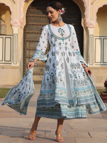 Sky-Blue Cambric Printed  With Embroidery Flared Dress
