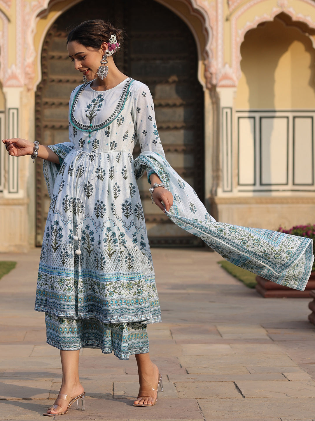 Sky-Blue Cambric Printed  With Embroidery Flared Dress