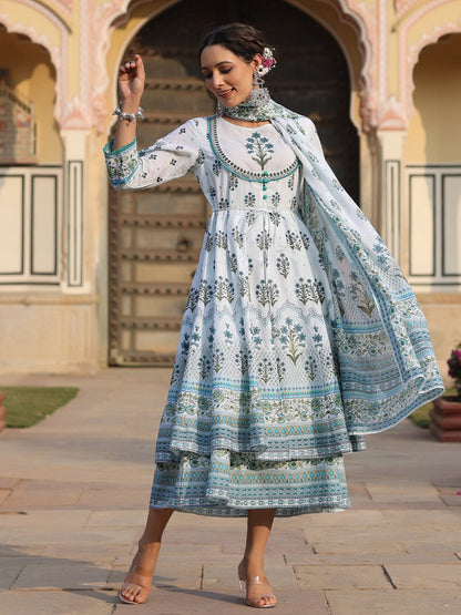 Sky-Blue Cambric Printed  With Embroidery Flared Dress