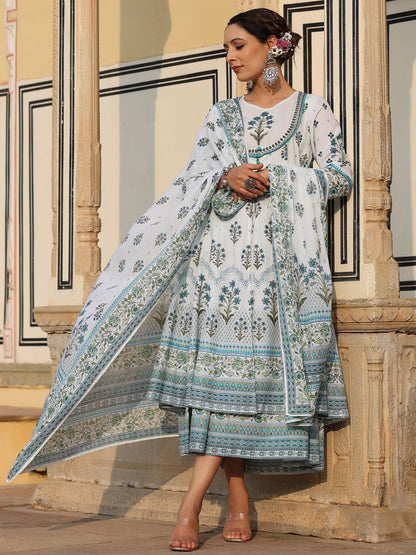 Sky-Blue Cambric Printed  With Embroidery Flared Dress