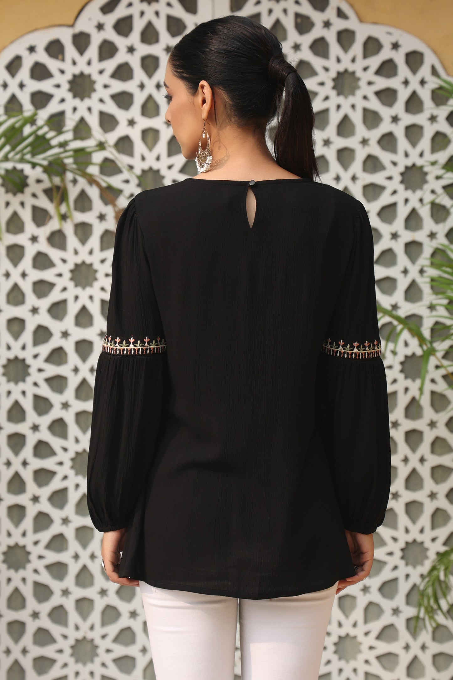 Black Rayon Crepe Solid With Embroidery Straight Tunic