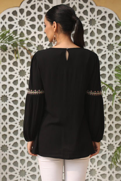 Black Rayon Crepe Solid With Embroidery Straight Tunic