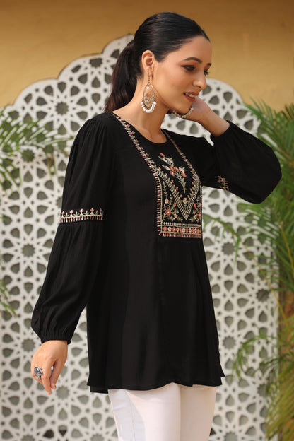 Black Rayon Crepe Solid With Embroidery Straight Tunic