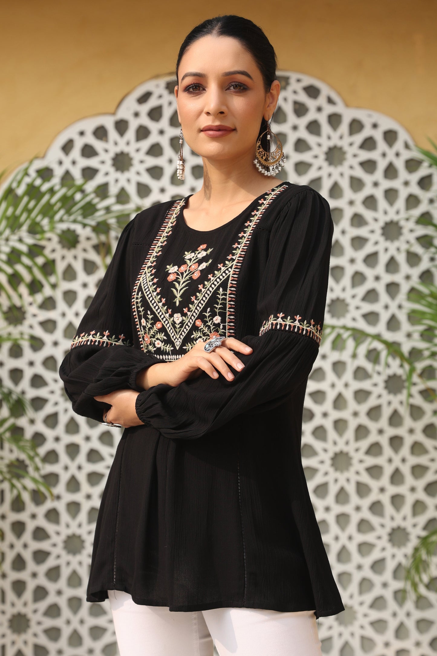 Black Rayon Crepe Solid With Embroidery Straight Tunic