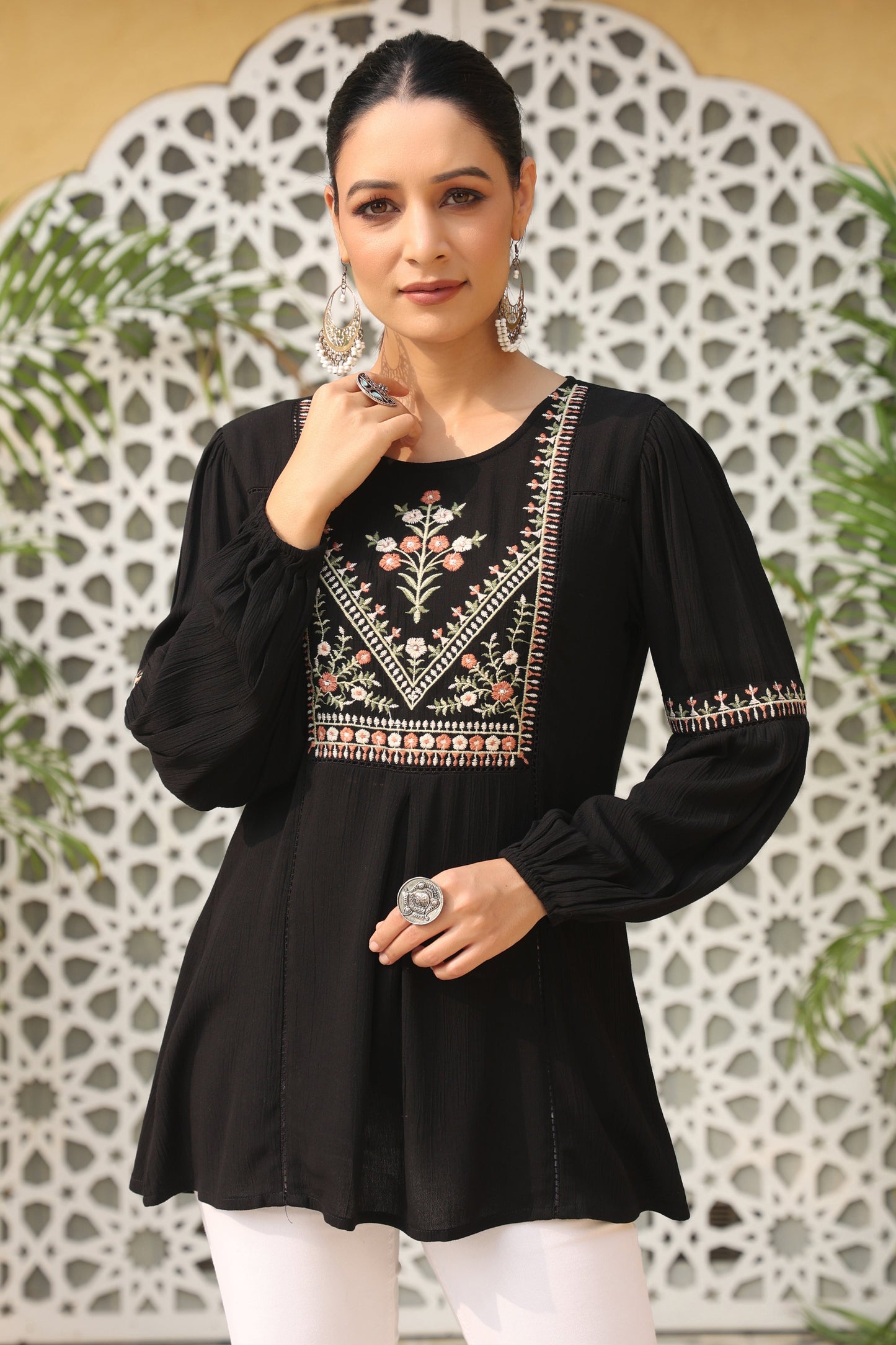 Black Rayon Crepe Solid With Embroidery Straight Tunic