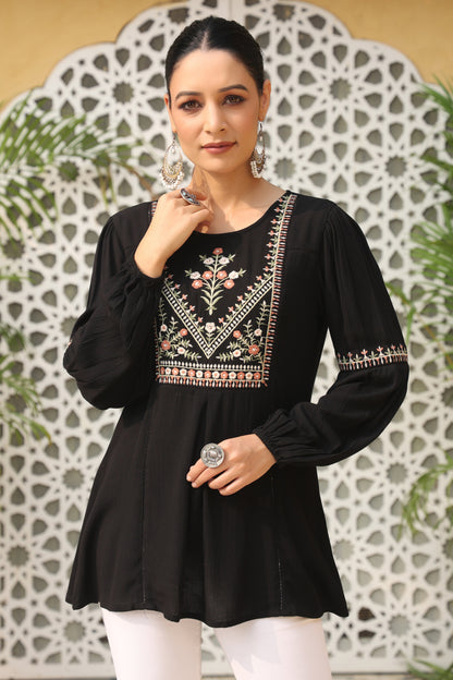 Black Rayon Crepe Solid With Embroidery Straight Tunic