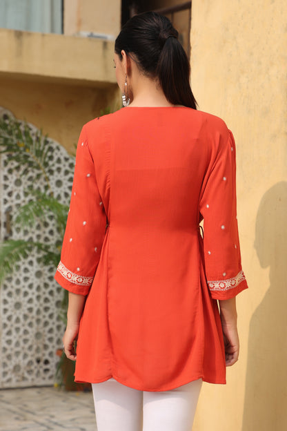 Orange Rayon Crepe Embroidery Tunic