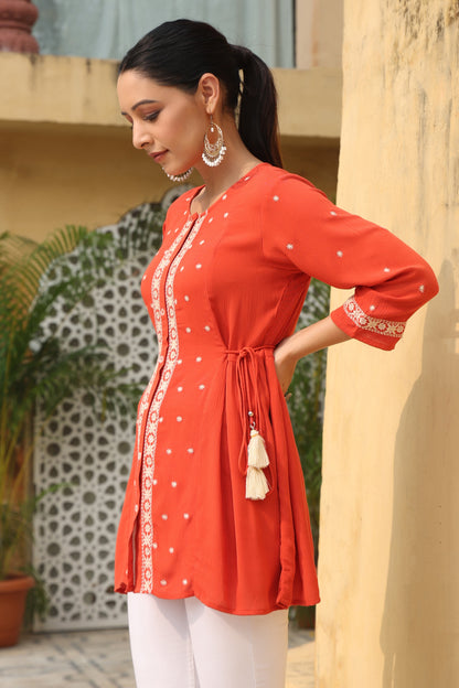Orange Rayon Crepe Embroidery Tunic