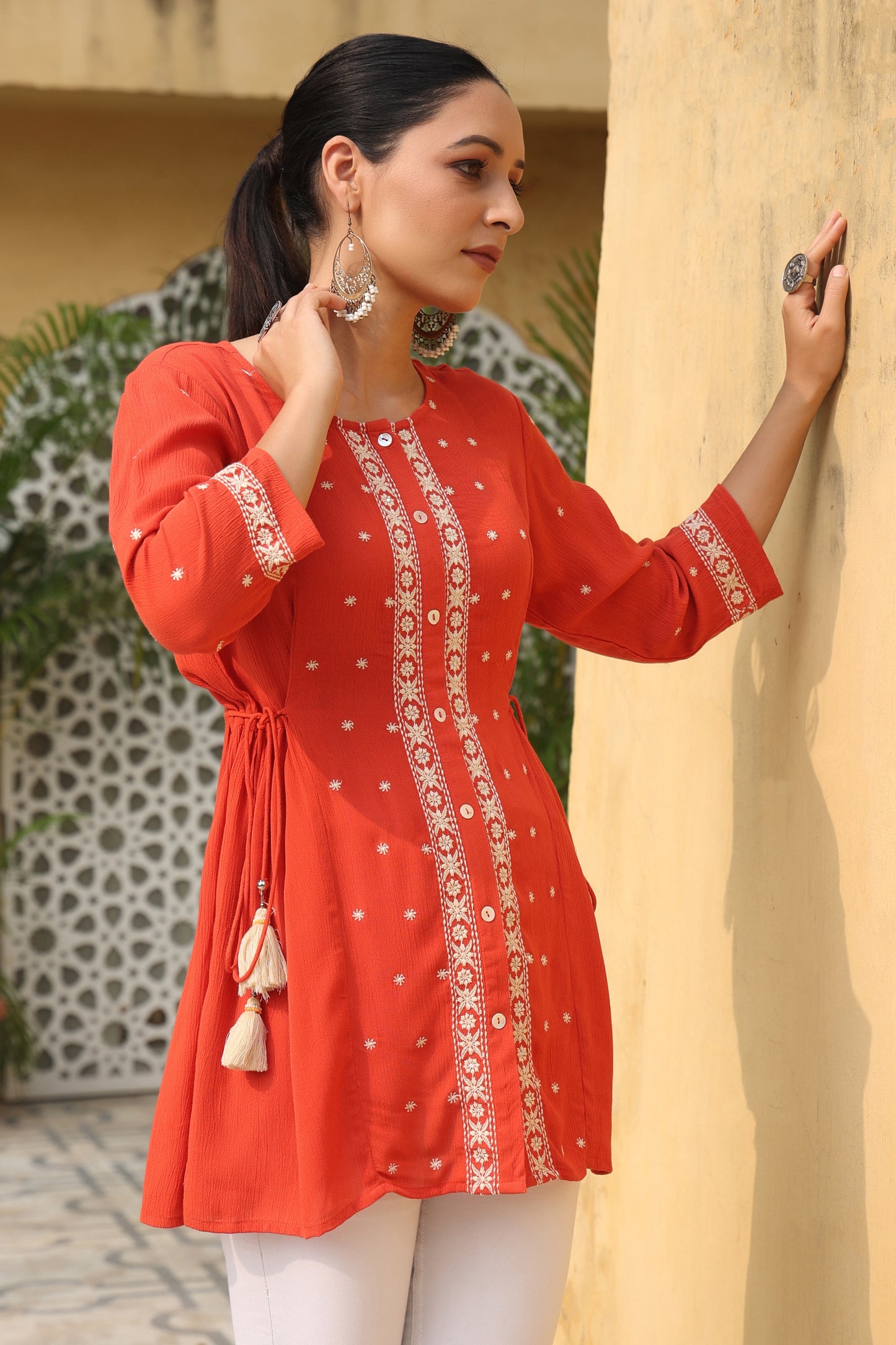 Orange Rayon Crepe Embroidery Tunic
