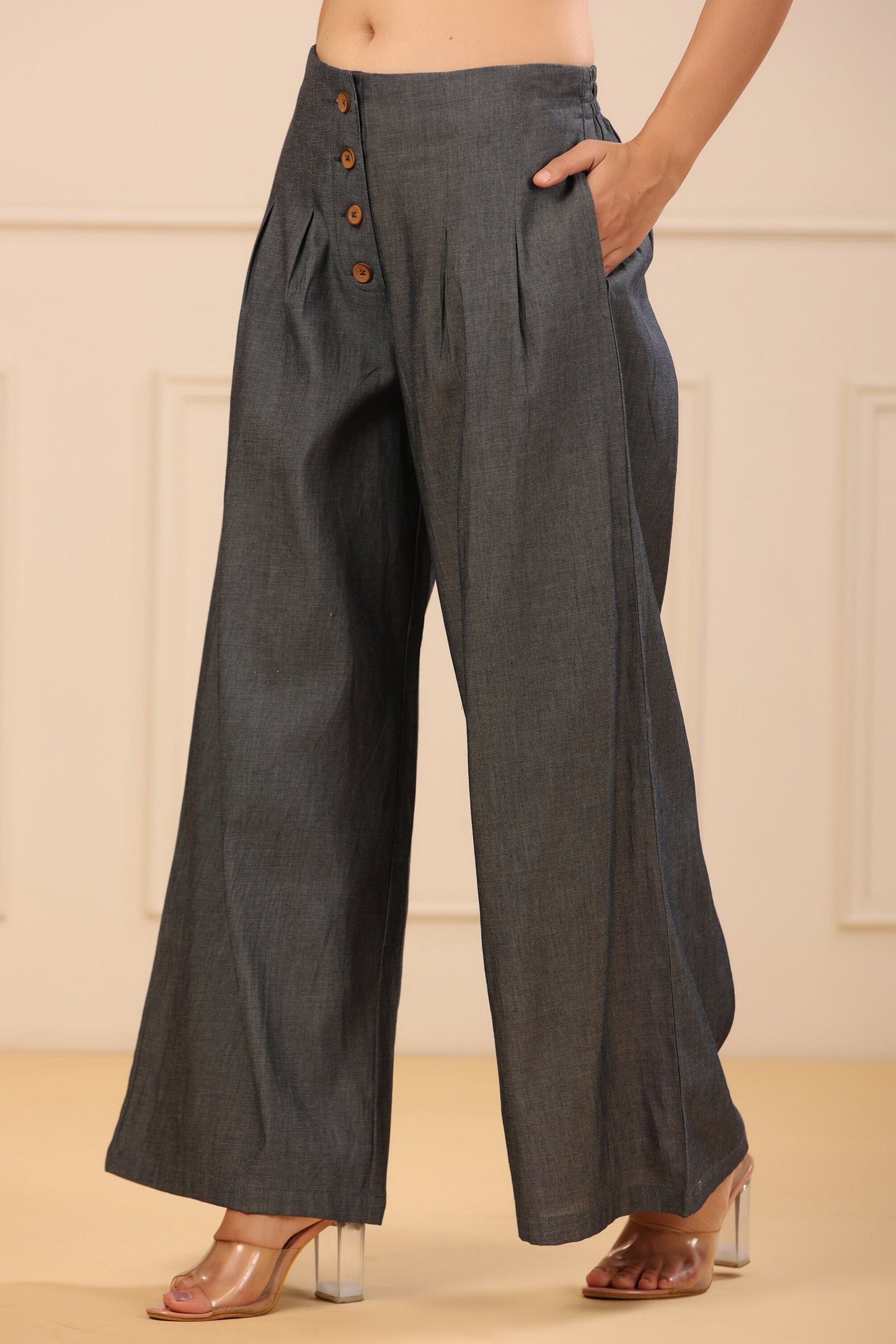 Grey Denim Solid Flared Pant/Slim Pant