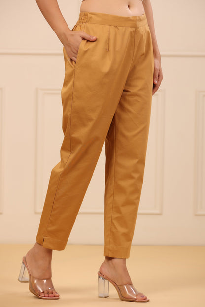 Gold Cotton Twill Lycra Solid Straight Pant