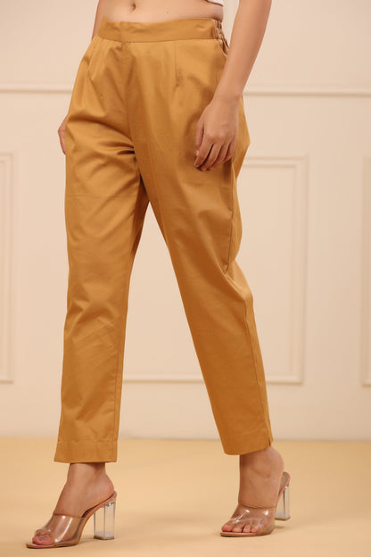 Gold Cotton Twill Lycra Solid Straight Pant