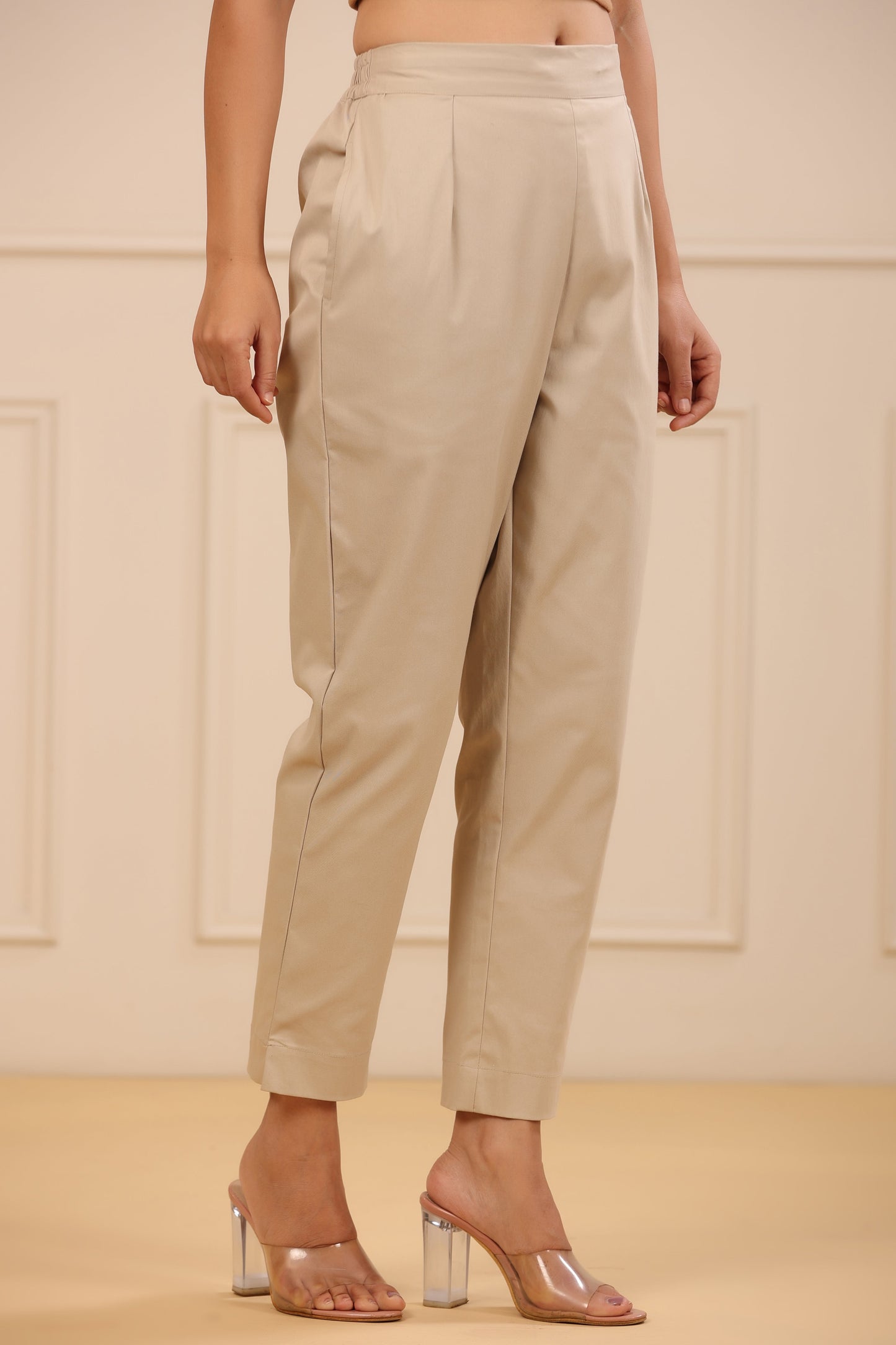 Beige Cotton Spandex Solid Straight Pant