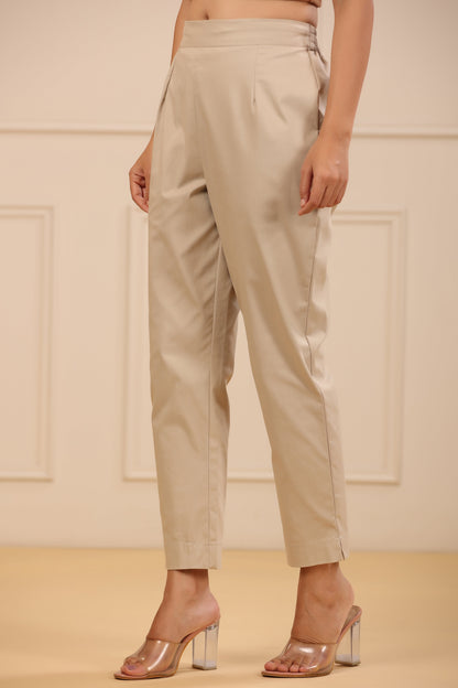 Beige Cotton Spandex Solid Straight Pant