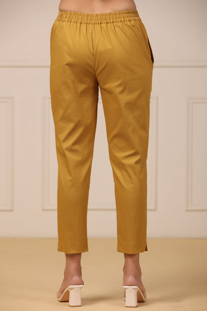 Mustard Cotton Spandex Solid Straight Pant