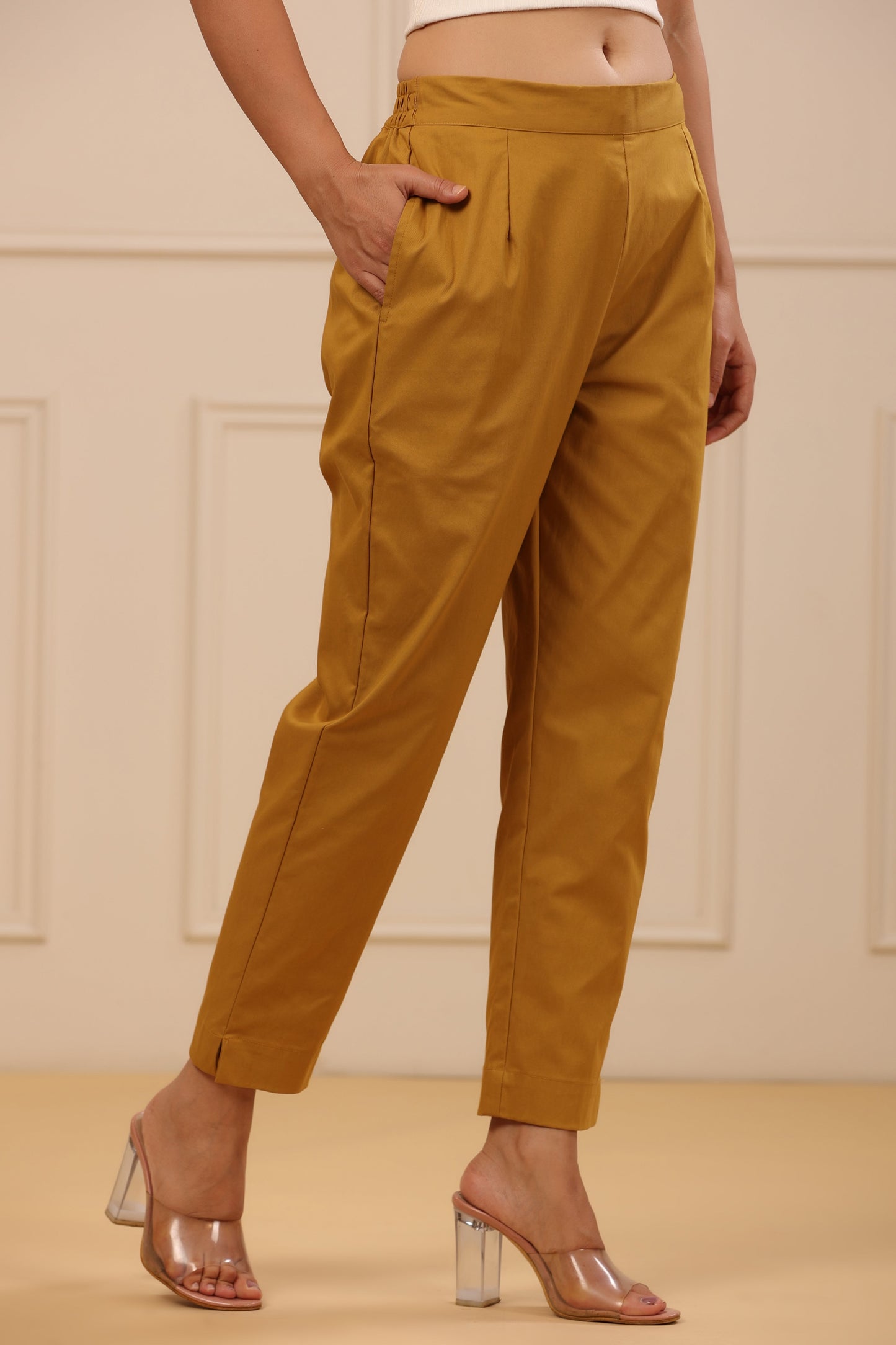 Mustard Cotton Spandex Solid Straight Pant