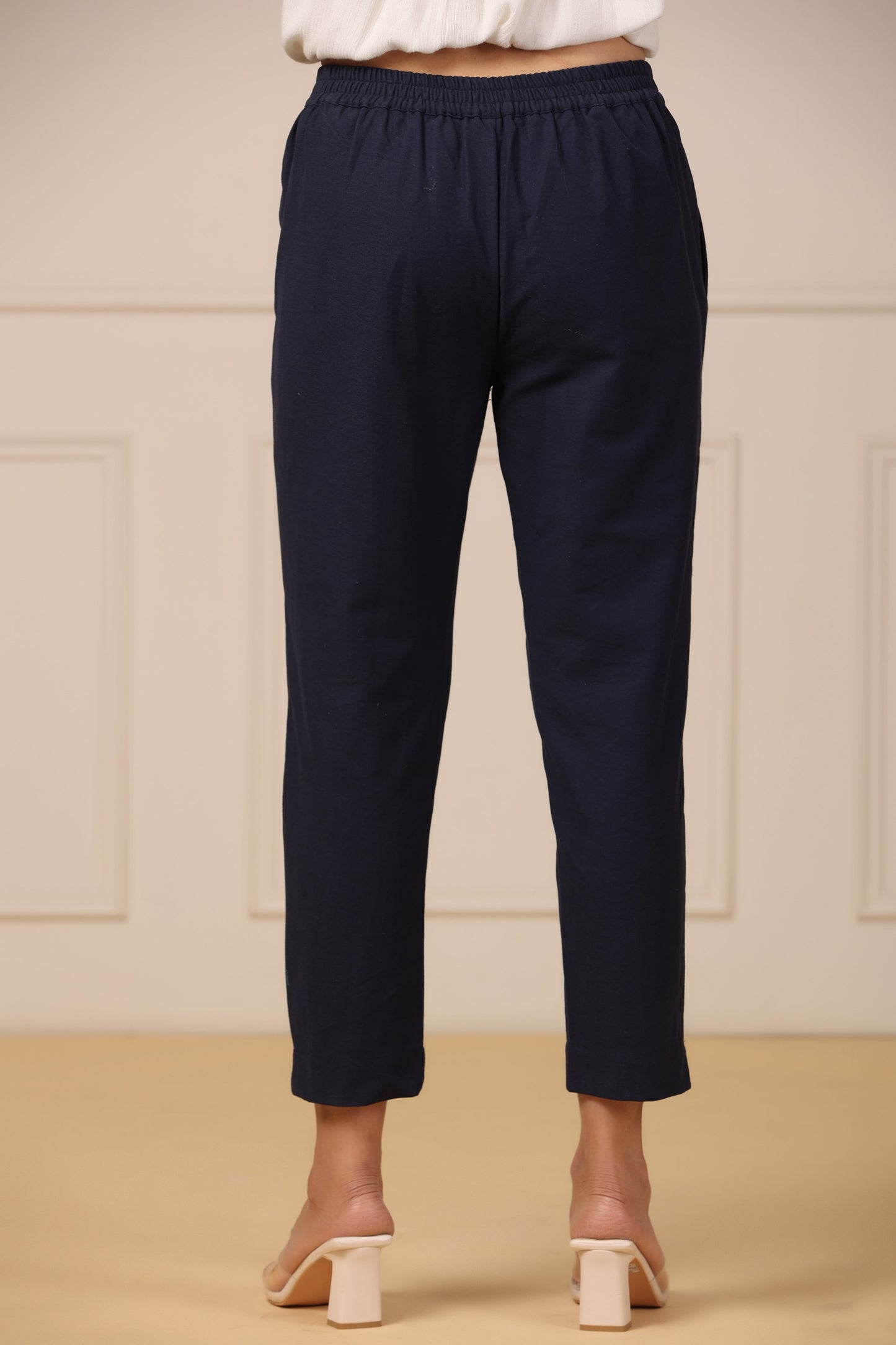 Navy Cotton Twill   Solid Straight Pant/Slim Pant