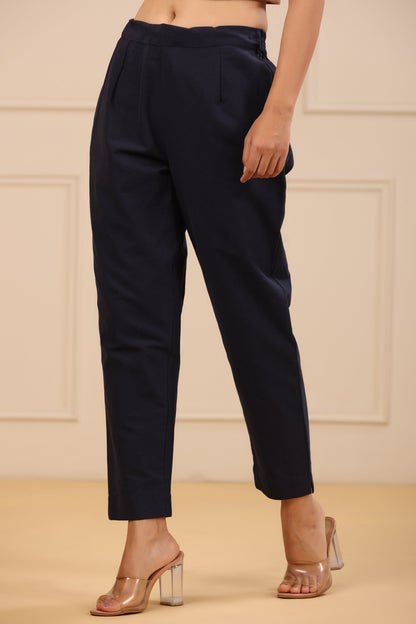 Navy Cotton Twill   Solid Straight Pant/Slim Pant