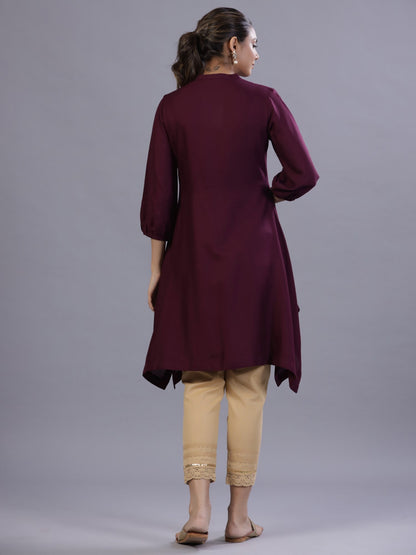 Wine Rayon Embroidered Asymmetric Kurta