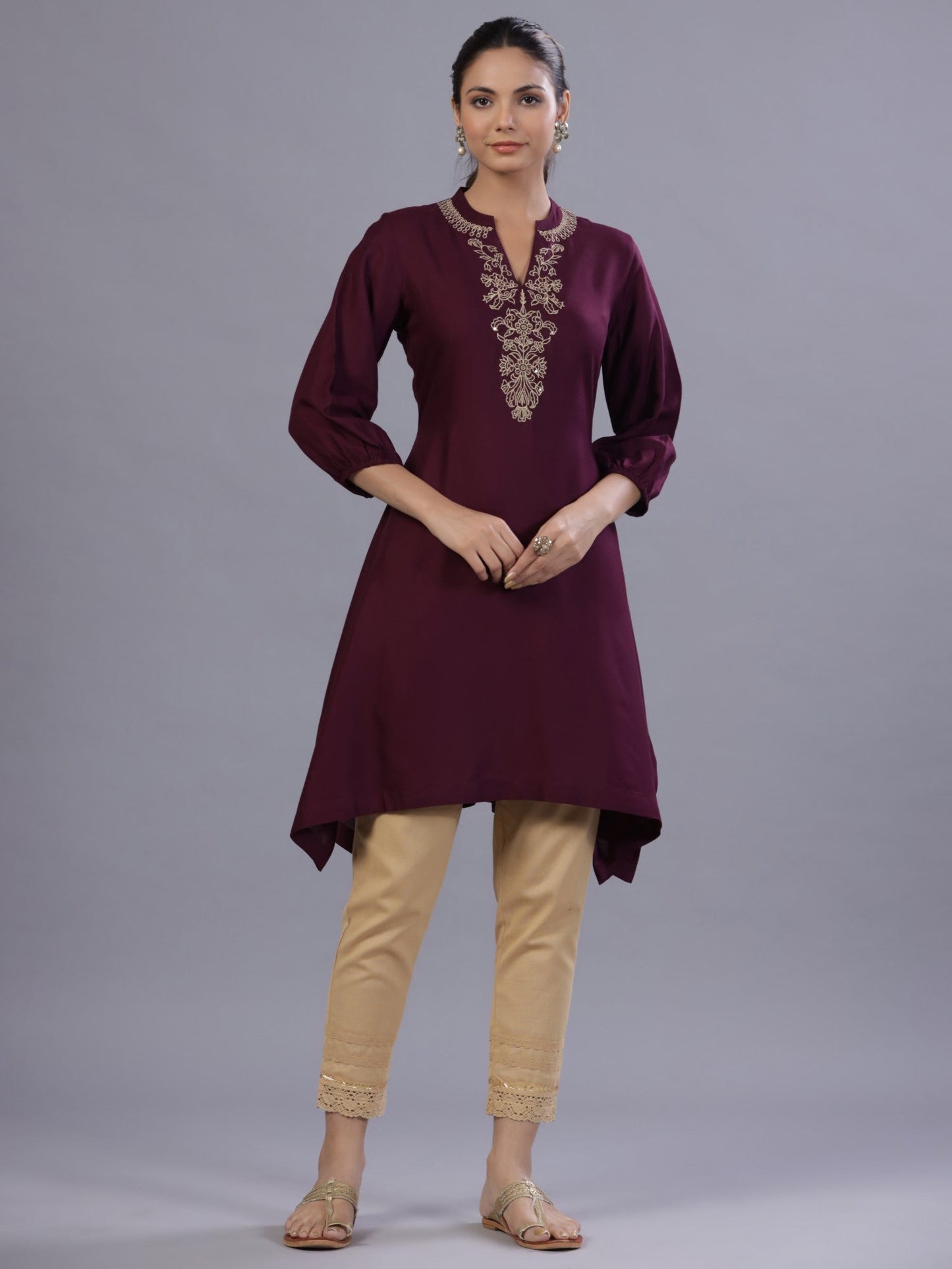 Wine Rayon Embroidered Asymmetric Kurta