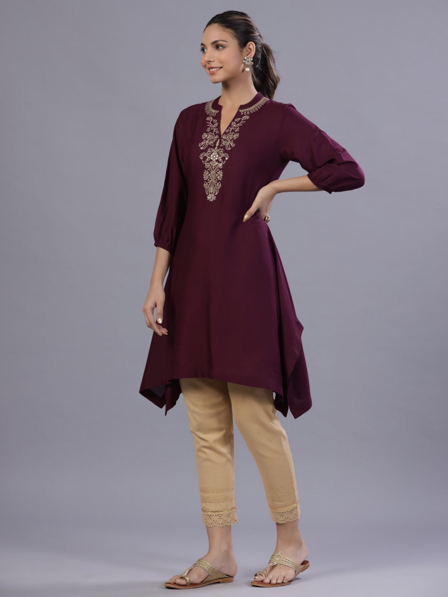 Wine Rayon Embroidered Asymmetric Kurta