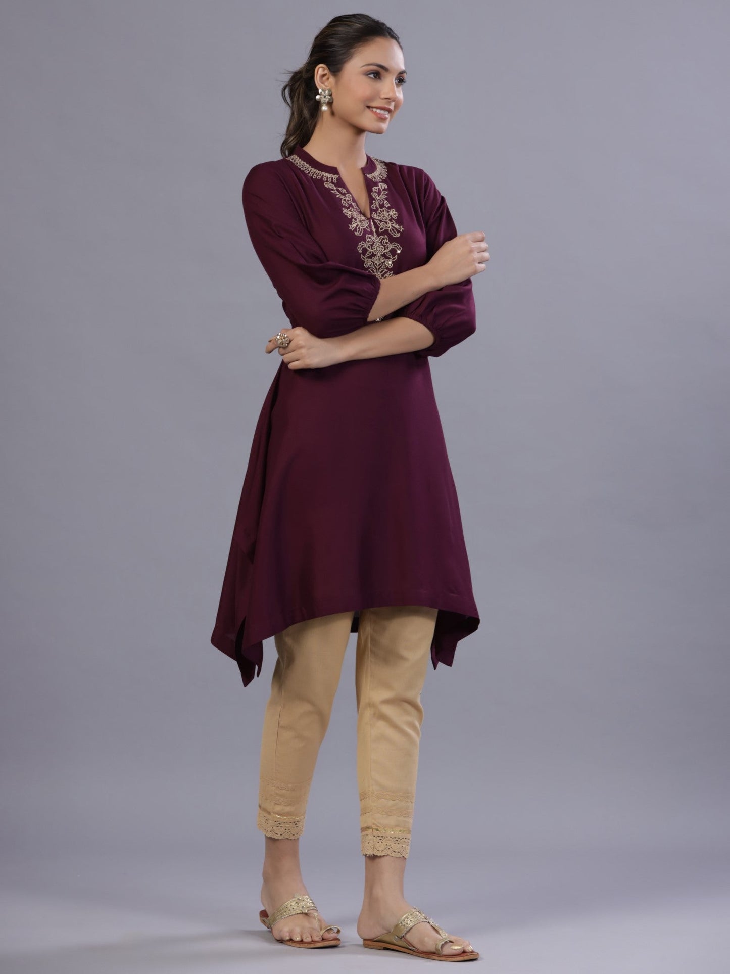 Wine Rayon Embroidered Asymmetric Kurta