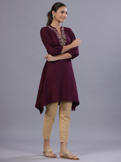 Wine Rayon Embroidered Asymmetric Kurta