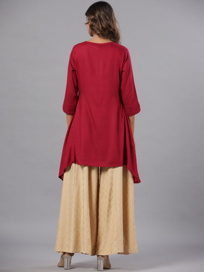 Fuchsia Rayon Solid Asymmetric Kurta