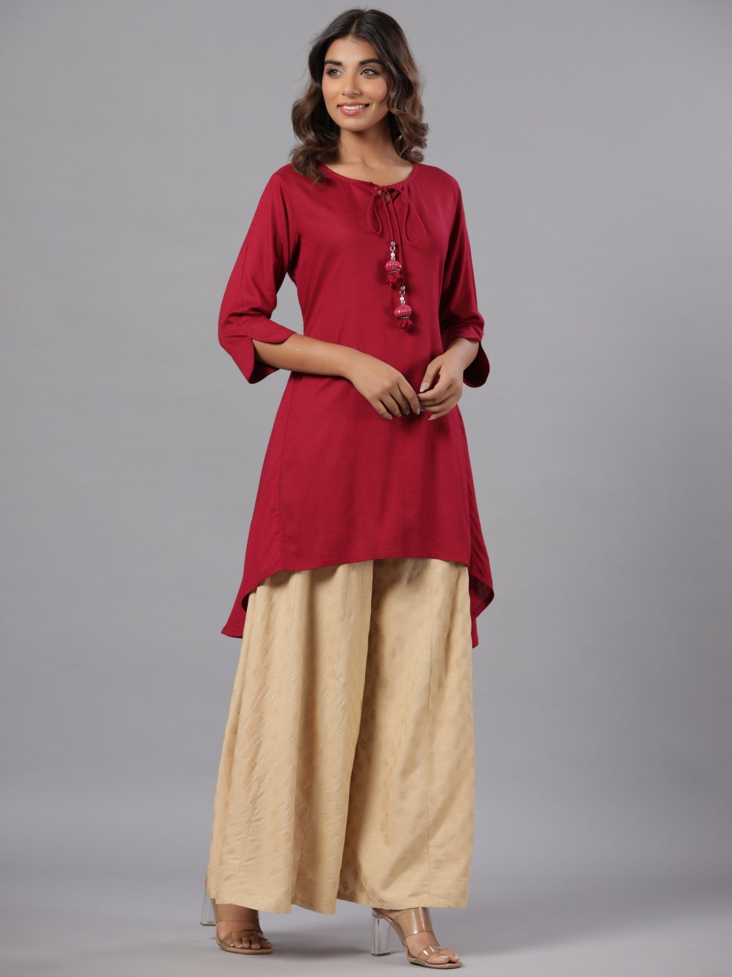 Fuchsia Rayon Solid Asymmetric Kurta