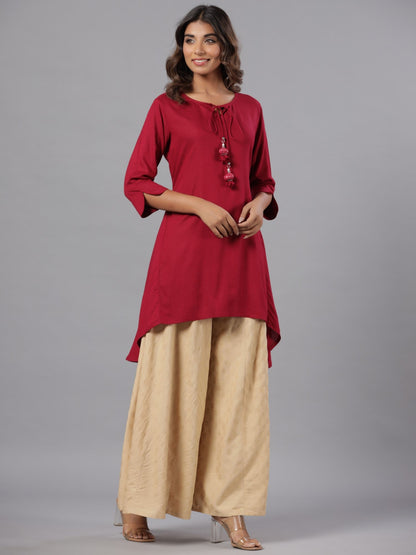 Fuchsia Rayon Solid Asymmetric Kurta