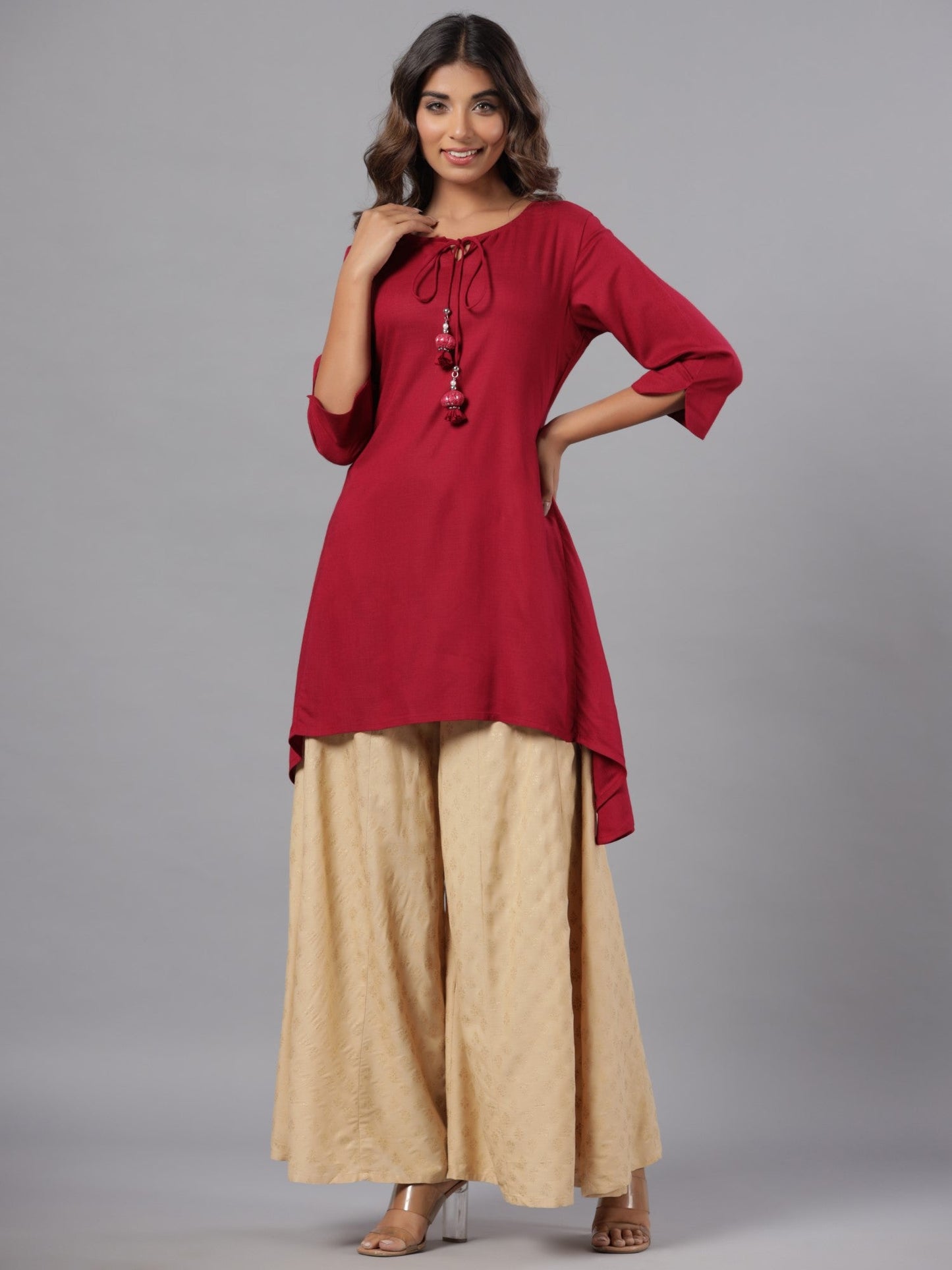 Fuchsia Rayon Solid Asymmetric Kurta