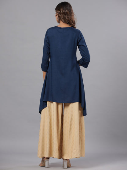 Indigo Rayon Solid Asymmetric Kurta