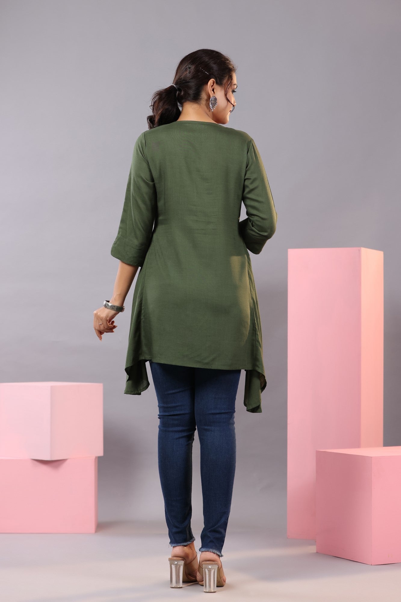 Olive Rayon Solid Asymmetric Kurta