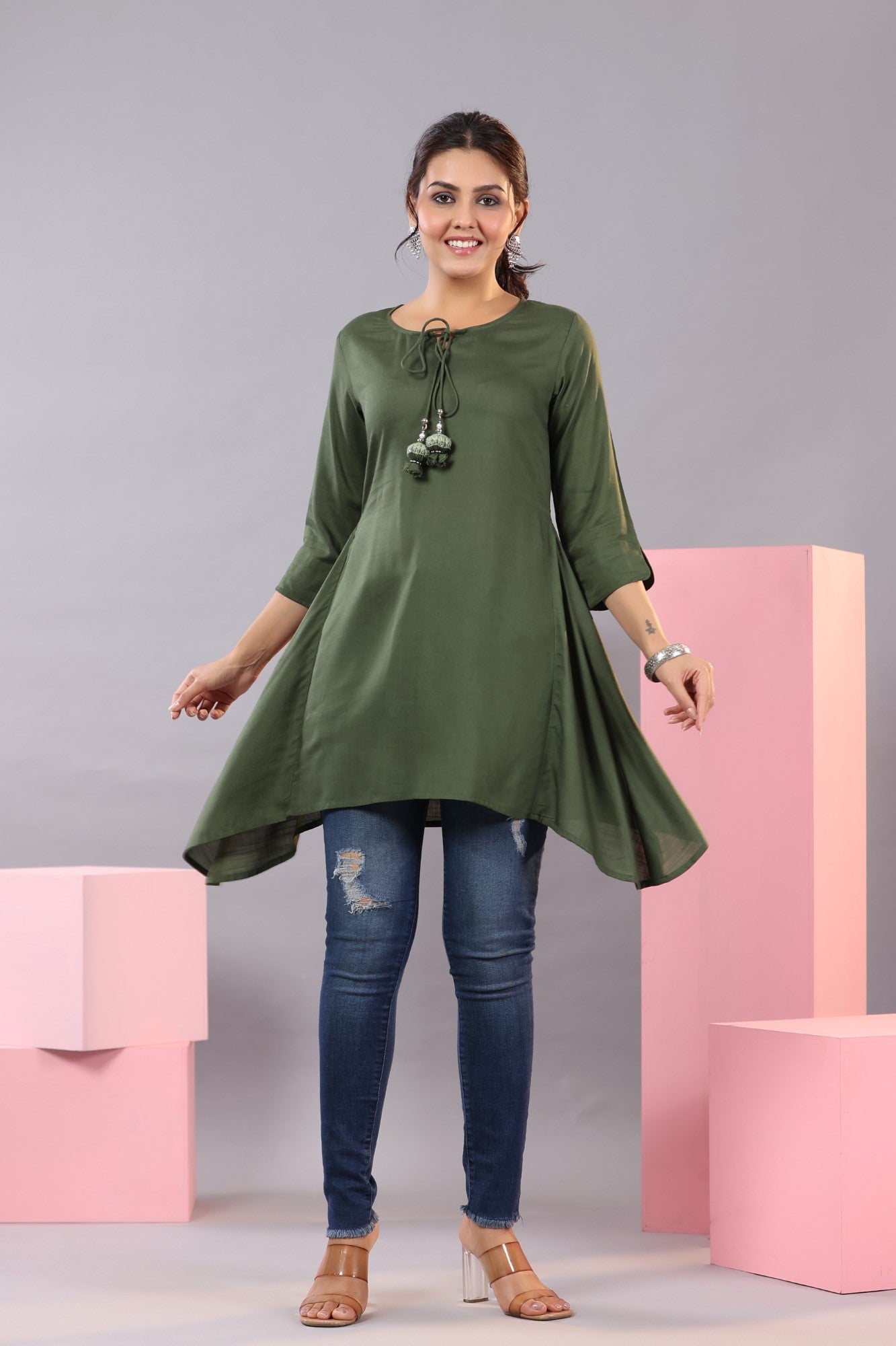 Olive Rayon Solid Asymmetric Kurta