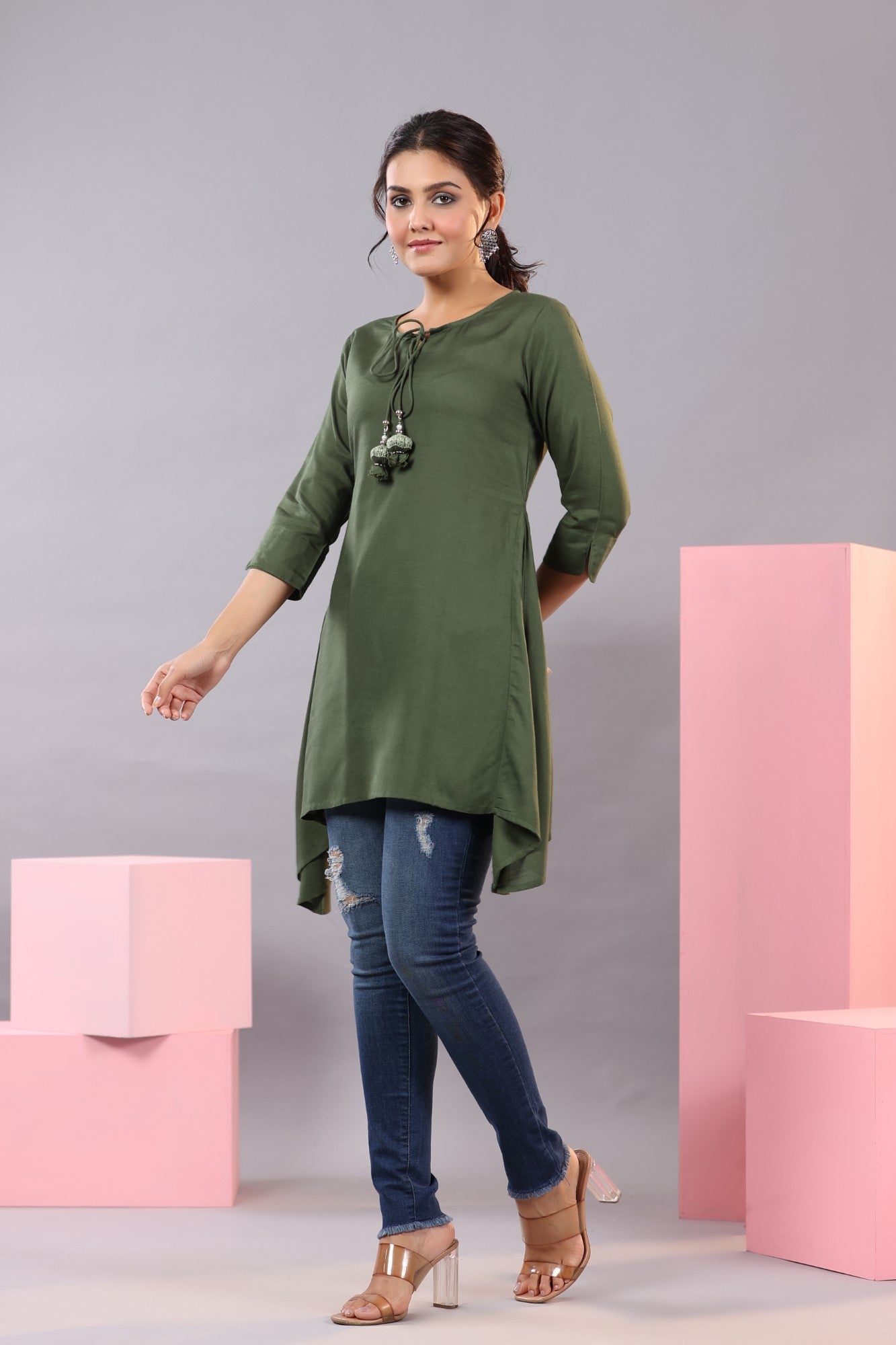 Olive Rayon Solid Asymmetric Kurta