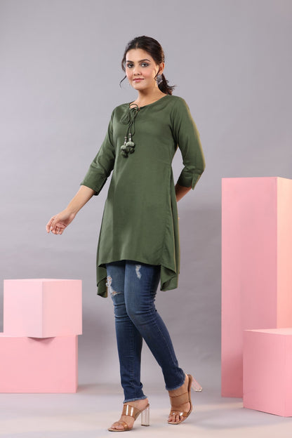 Olive Rayon Solid Asymmetric Kurta