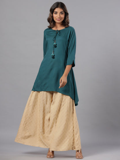 Teal Rayon Solid Asymmetric Kurta