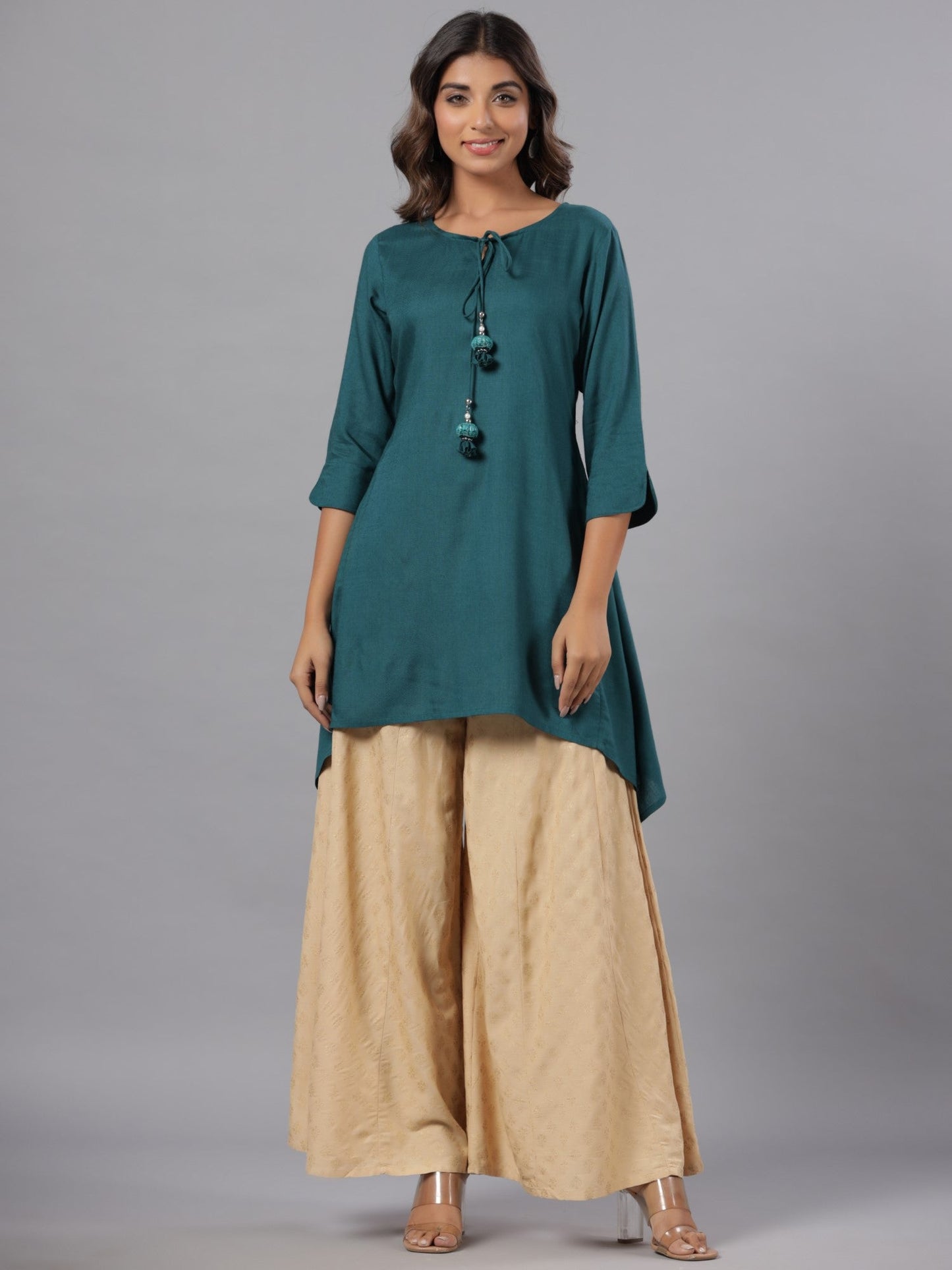 Teal Rayon Solid Asymmetric Kurta