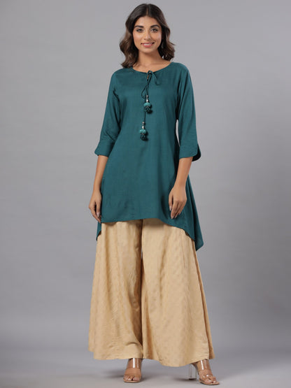 Teal Rayon Solid Asymmetric Kurta