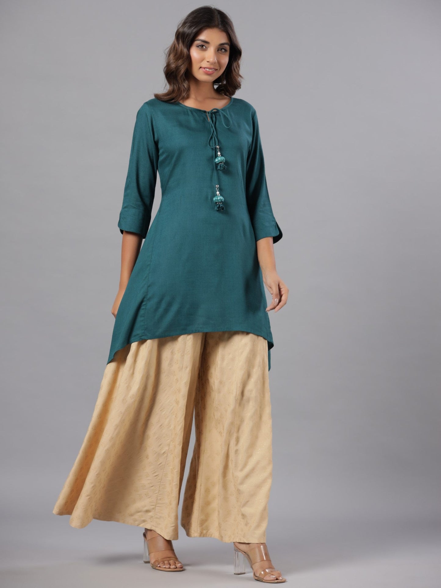 Teal Rayon Solid Asymmetric Kurta