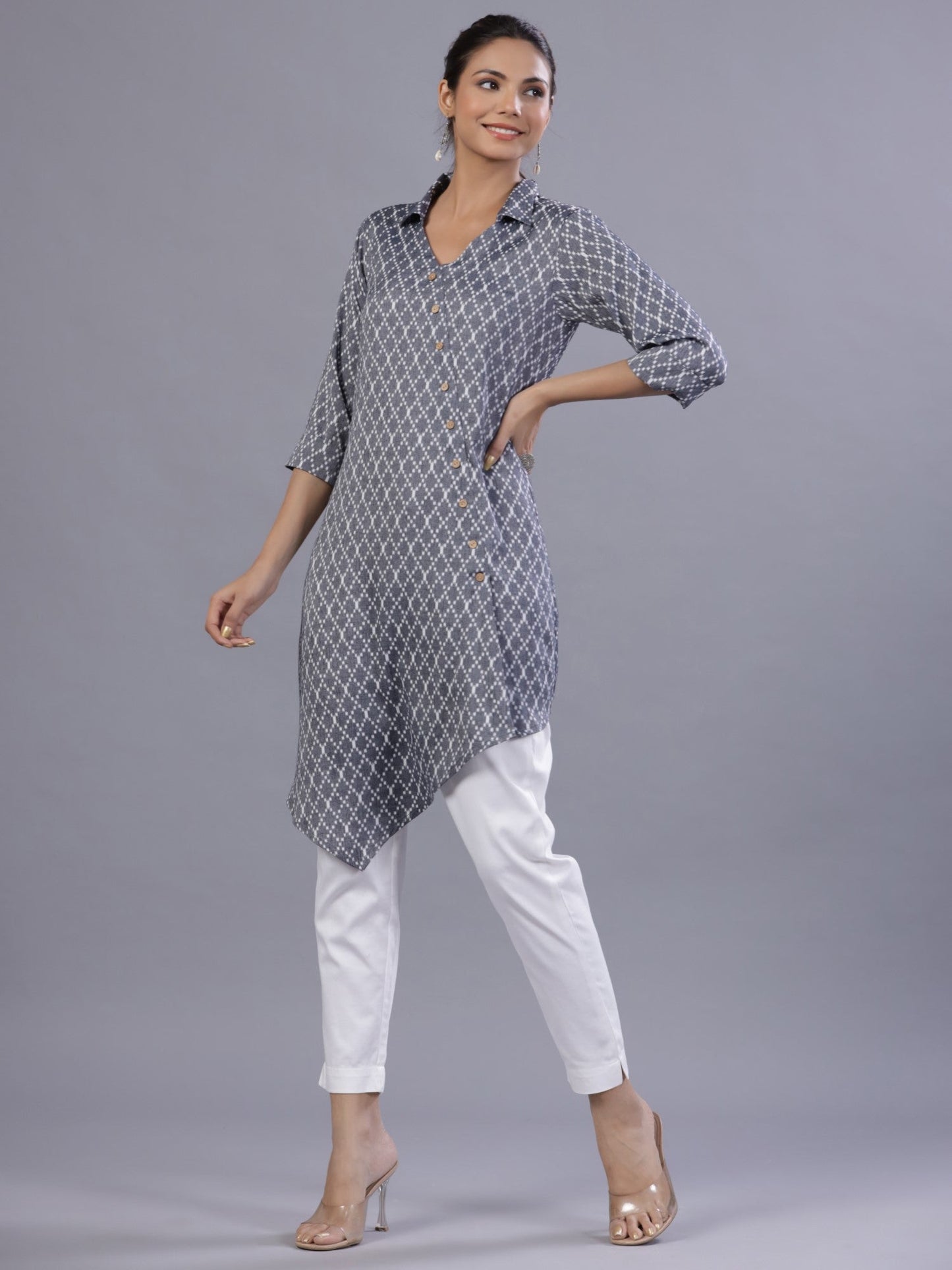 Blue Rayon Printed Asymmetric Kurta