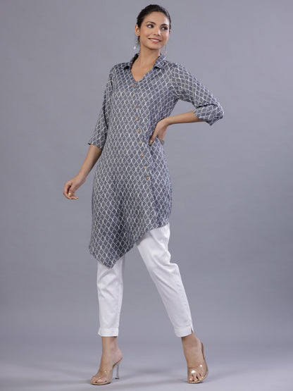 Blue Rayon Printed Asymmetric Kurta