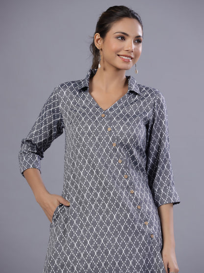 Blue Rayon Printed Asymmetric Kurta
