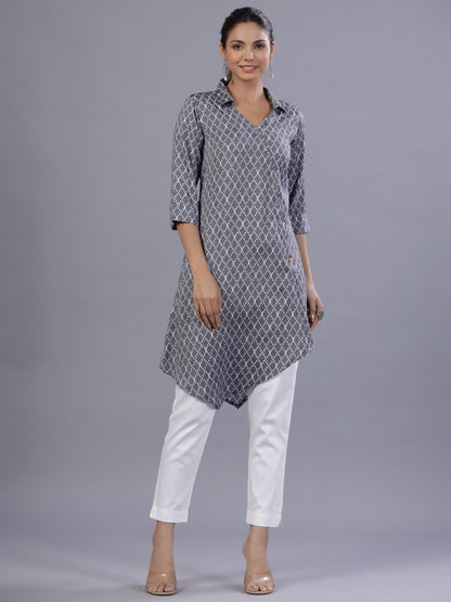 Blue Rayon Printed Asymmetric Kurta