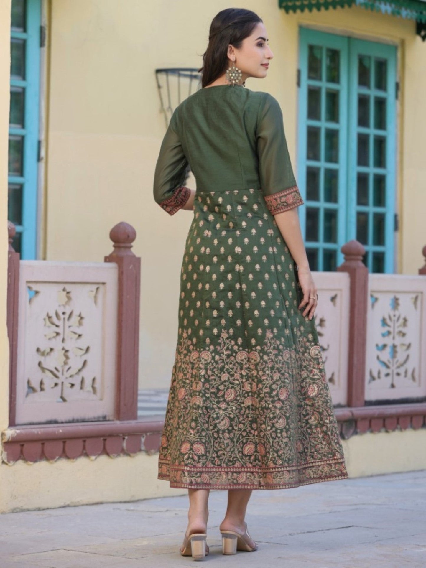 Olive Chanderi Printed Maxi Dress With Embroidered Yoke