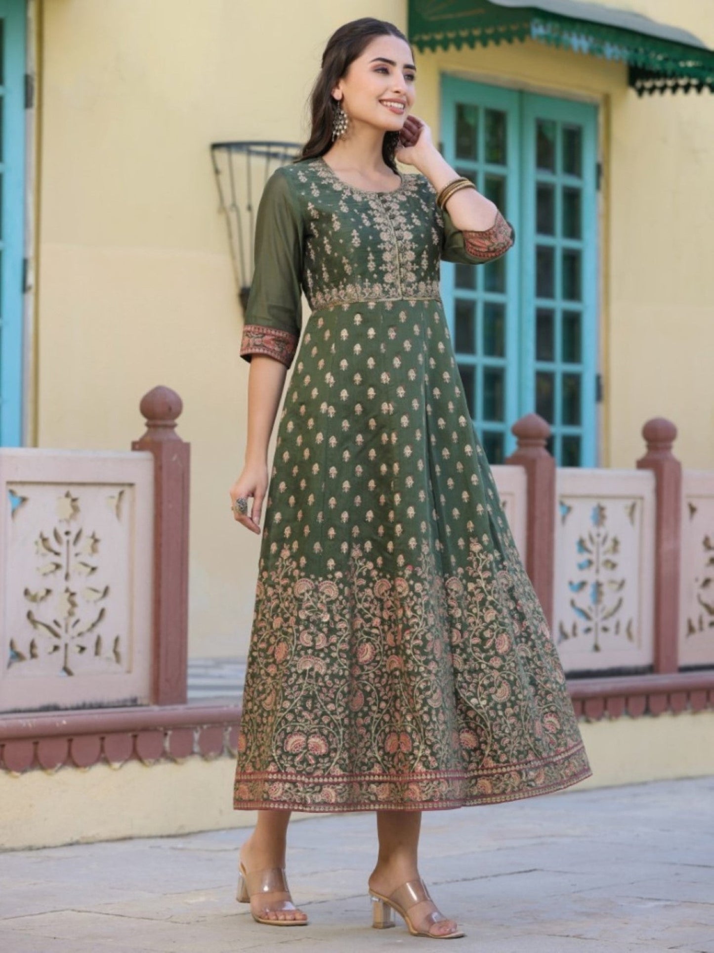 Olive Chanderi Printed Maxi Dress With Embroidered Yoke