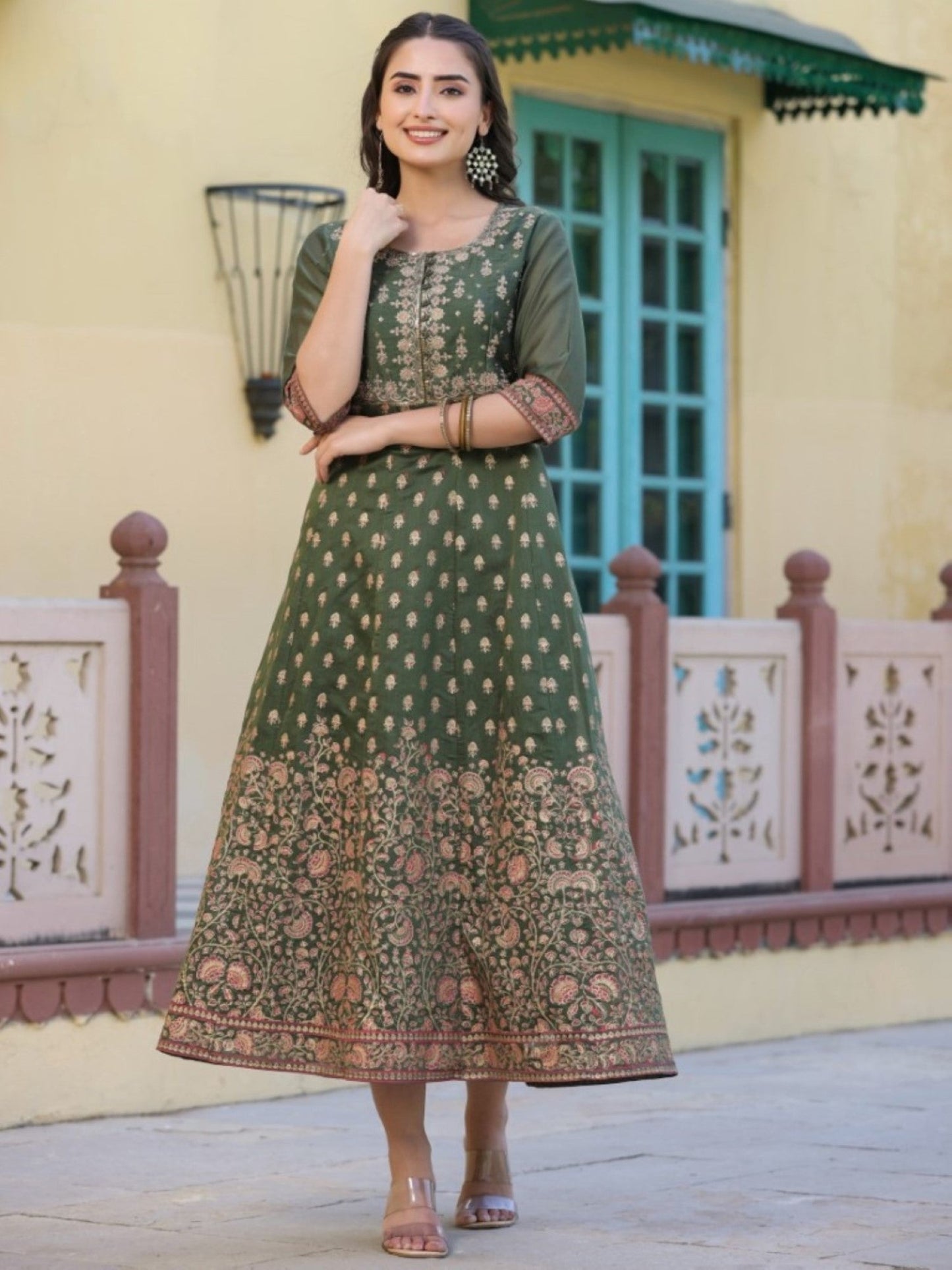 Olive Chanderi Printed Maxi Dress With Embroidered Yoke