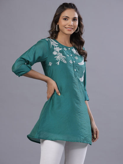 Green Chanderi Embroidered A-Line Tunic ( duplicate- 037290)